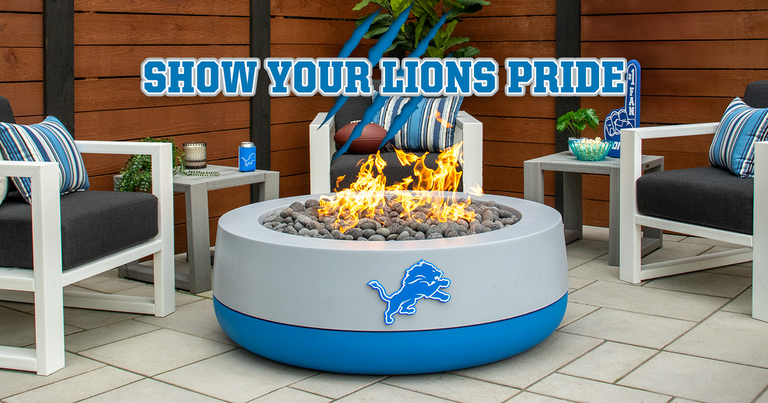 The limited-edition "One Pride" Detroit Lions Duo Gas Fire Pit in silver and Honolulu blue
